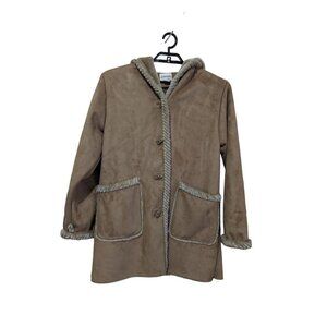 St Johns Bay Women's Suede Leather Coat size X Large faux fur lined hood